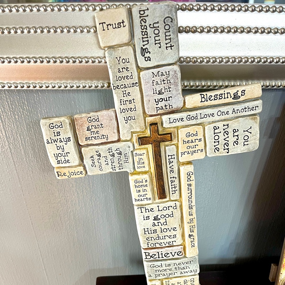 Beautiful scripture cross 18 inches. Hangs on a nail. Tile look gorgeous.